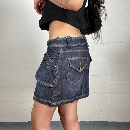 Vintage 2000's Skater Girl Dark Cold Blue Denim Low Waisted Mini Skirt with 3D Pockets (L)