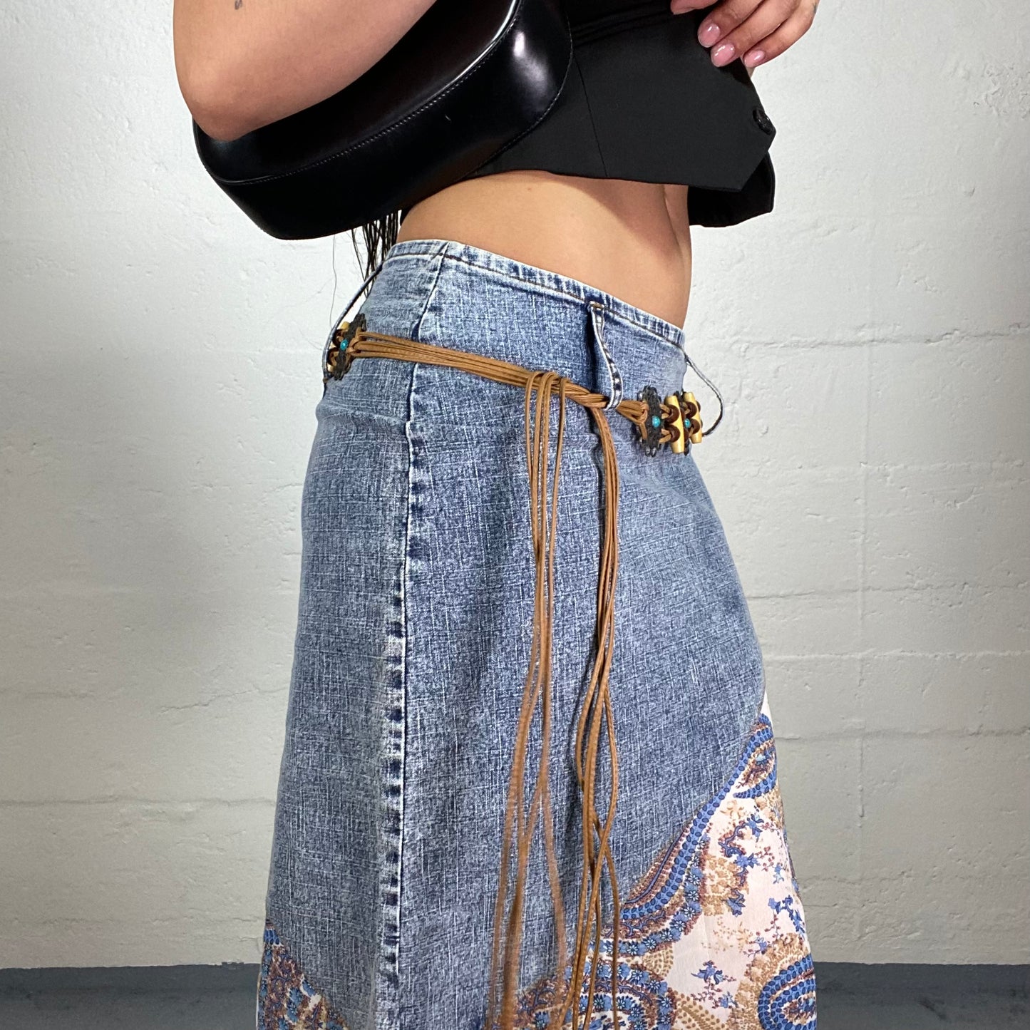 Vintage 2000's Boho Girl Wooden and Metail Details Belt with Leather Long Decorative Stripes
