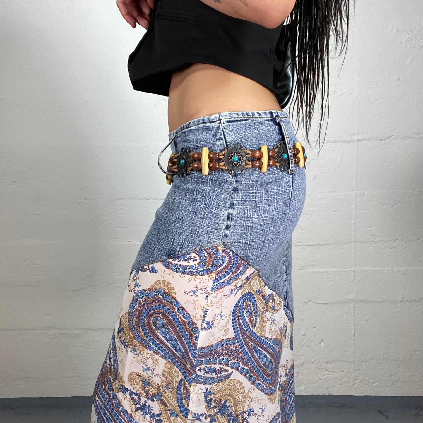 Vintage 2000's Boho Girl Wooden and Metail Details Belt with Leather Long Decorative Stripes