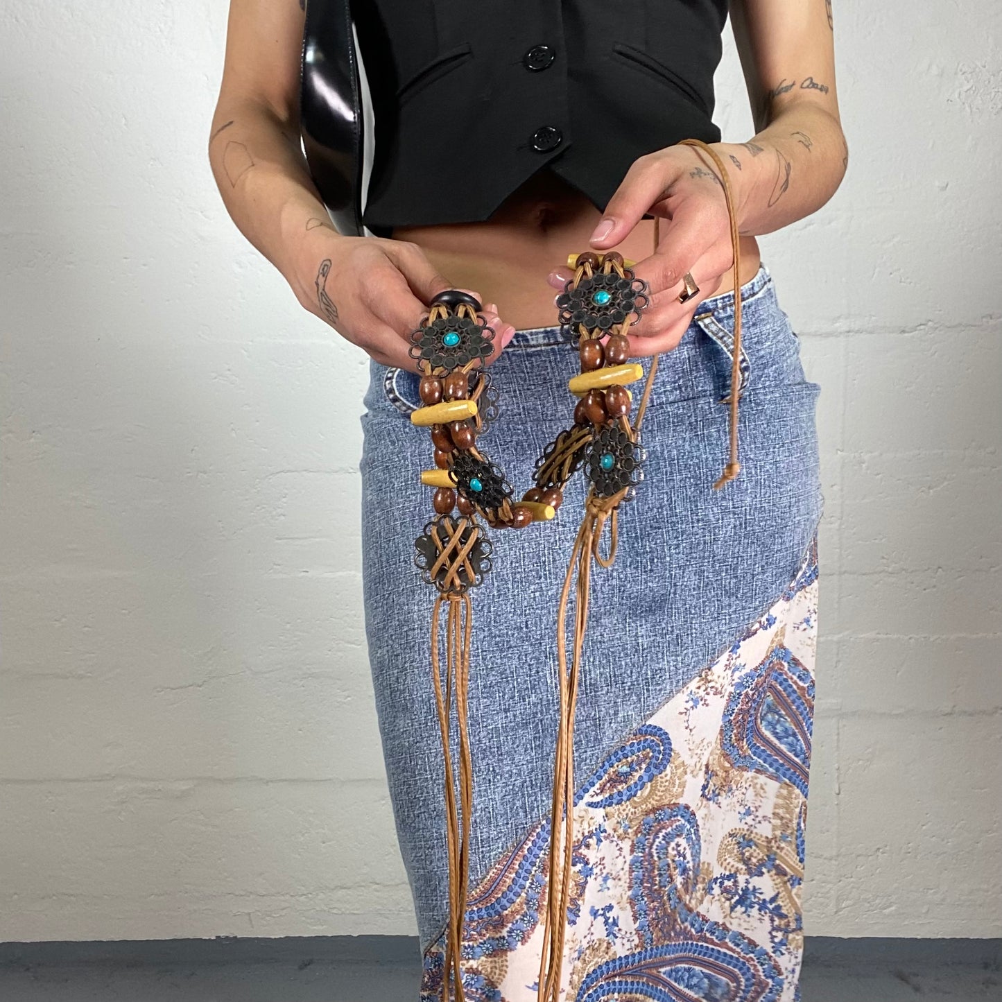 Vintage 2000's Boho Girl Wooden and Metail Details Belt with Leather Long Decorative Stripes