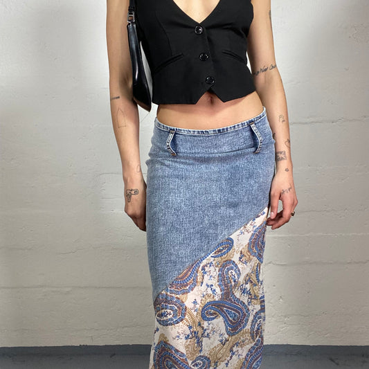 Vintage 90's Casual Downtown Washed Out Denim Low Waisted Asymmetric Cut Midi Skirt with Boho Style Print (M)