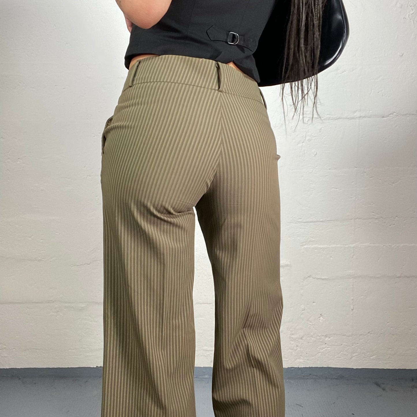 Vintage 2000's Office Girl Khaki Low Waisted Classy Wide Leg Striped Pants (XS)