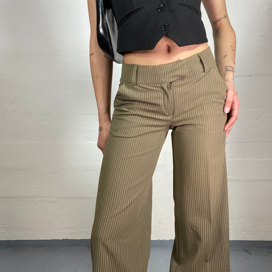 Vintage 2000's Office Girl Khaki Low Waisted Classy Wide Leg Striped Pants (XS)