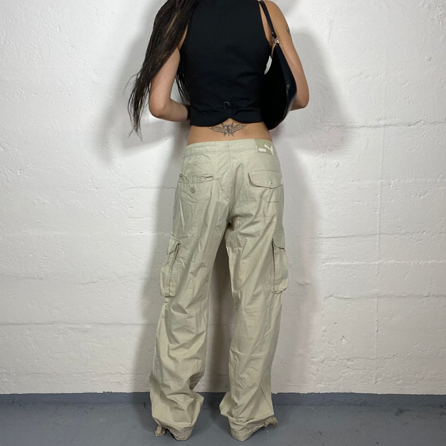 Vintage 2000's Archive Puma Hip-Hop Girlie Light Beige Baggy Cargo Pants with Big Pockets (S)