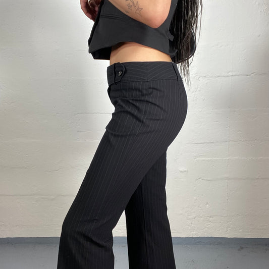 Vintage 2000's Corporate Girl Classy Black Striped Middle Waist Side Button Pants (M)