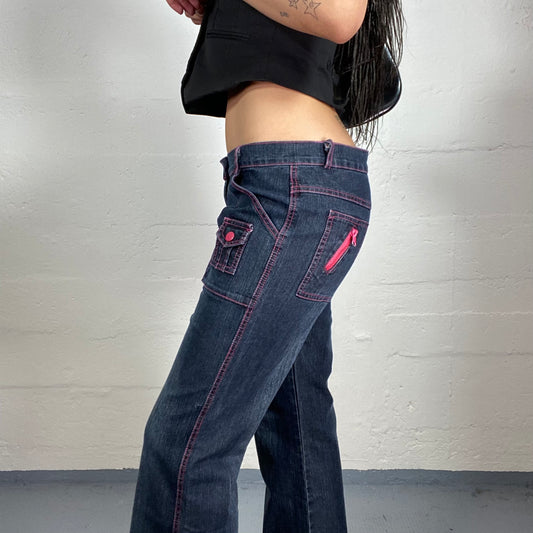 Vintage 2000's Downtown Girl Dark Blue Denim Flare Low Waisted Jeans with Neon Pink Seaming (M)