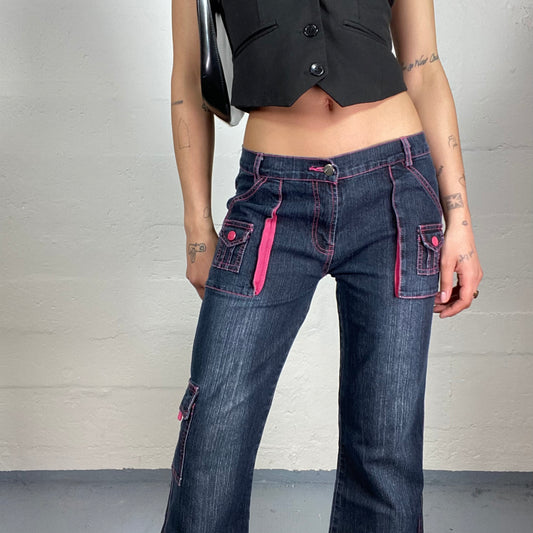 Vintage 2000's Downtown Girl Dark Blue Denim Flare Low Waisted Jeans with Neon Pink Seaming (M)