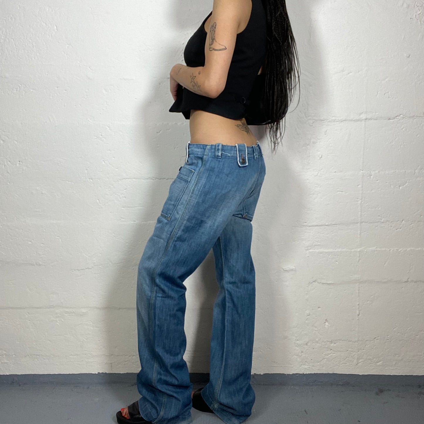 Vintage 2000's Diesel Skater Girl Low Waisted Straight Fit Light Denim Jeans with Big Pockets and Metal Buttons Details (M)