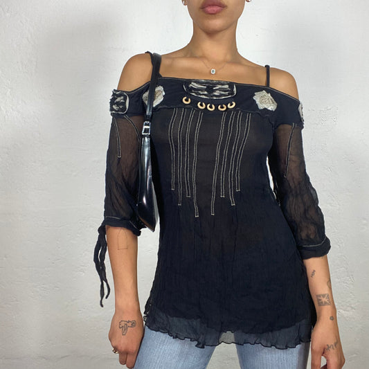 Vintage 2000's Boho Festival Girl Black Off Shoulder Longsleeve Dress with Shoulder Stripes and Beige Details (M)