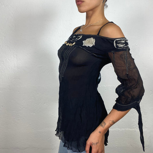 Vintage 2000's Boho Festival Girl Black Off Shoulder Longsleeve Dress with Shoulder Stripes and Beige Details (M)