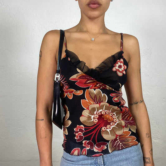 Vintage 2000's Downtown Girl Black Mesh Top with Big Red Floral Print (S)