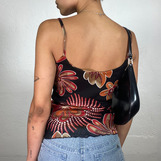 Vintage 2000's Downtown Girl Black Mesh Top with Big Red Floral Print (S)