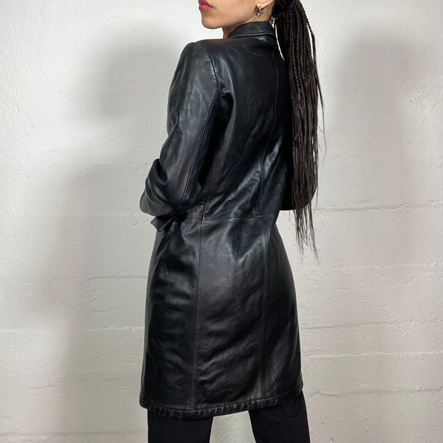 Vintage 90's Femme Fatale Leather Pointy Shoulders Button Up Black Coat (S)