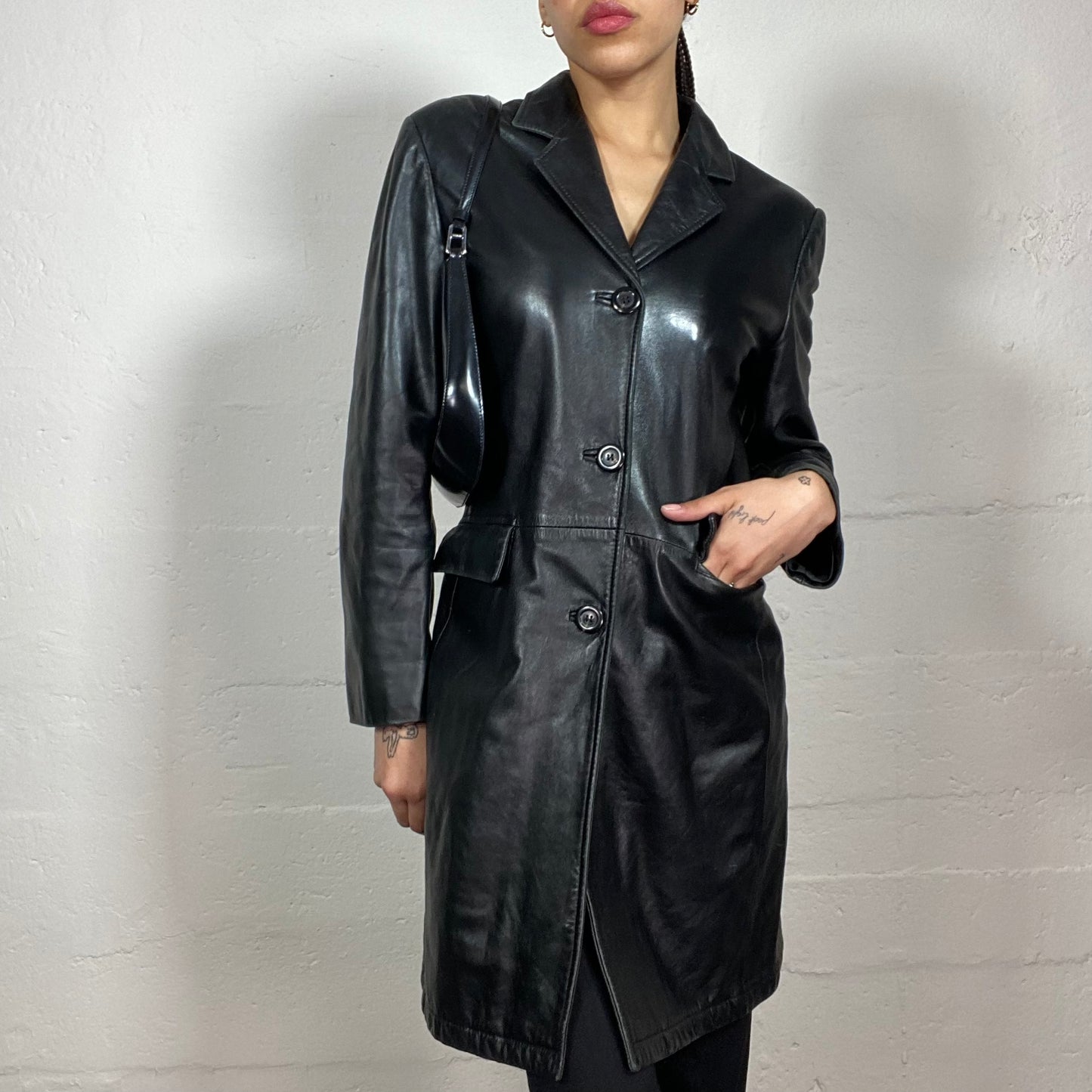 Vintage 90's Femme Fatale Leather Pointy Shoulders Button Up Black Coat (S)
