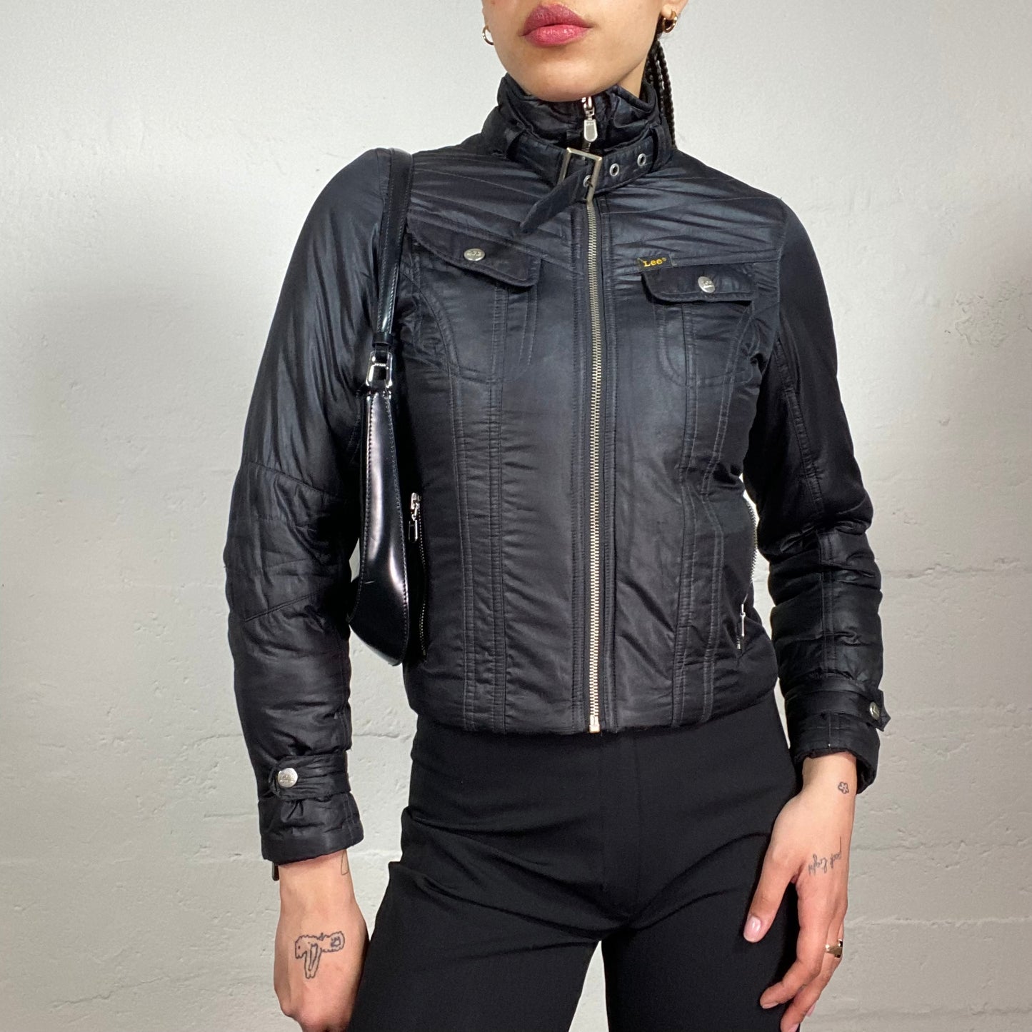 Vintage 2000's Biker Girl Black Puffy Nylon Zip Up Jacket with Neck Belt (XS)