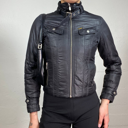 Vintage 2000's Biker Girl Black Puffy Nylon Zip Up Jacket with Neck Belt (XS)