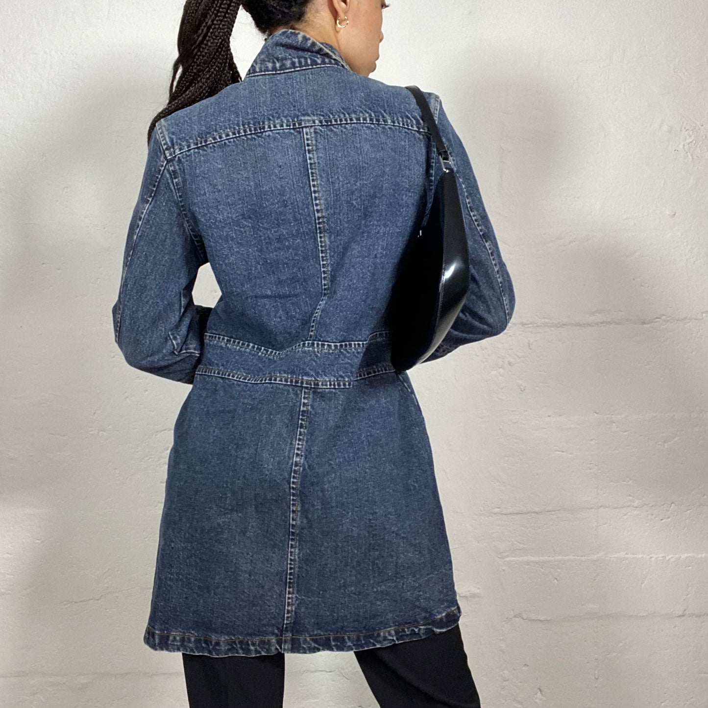 Vintage 2000's Archive Blue Denim High Neck Zip Up Coat with Multiple Pockets and Zippers (M)