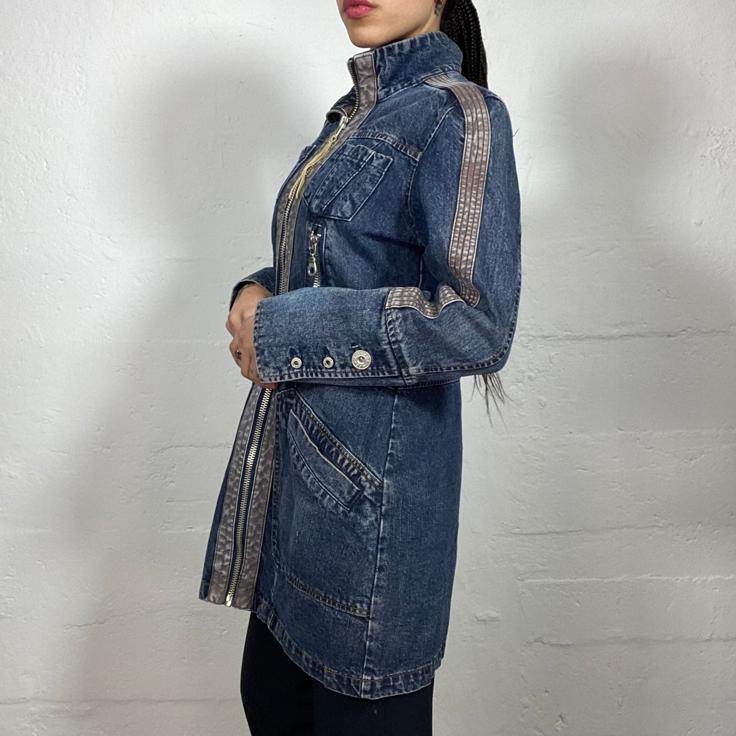 Vintage 2000's Archive Blue Denim High Neck Zip Up Coat with Multiple Pockets and Zippers (M)