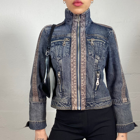 Vintage 2000's Spring High Neck Washed Off Effect Denim Zip Up Jacket with Multiple Pockets (M)