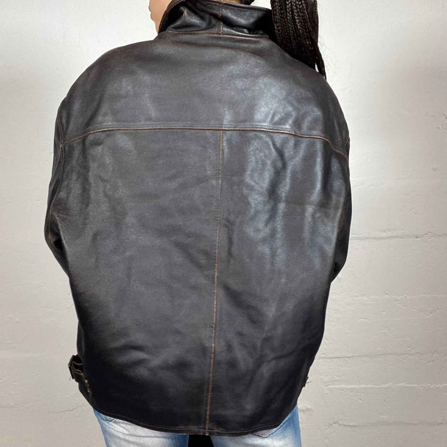 Vintage 2000's Biker Girl Brown Leather Faded Colour Zip Up Bomber Jacket with Zipped Pockets (L)