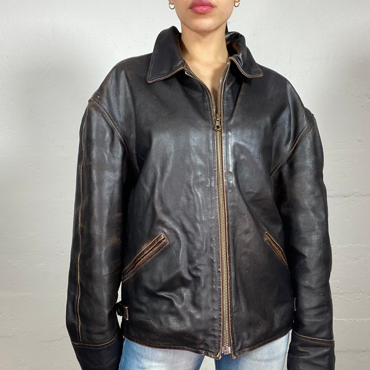 Vintage 2000's Biker Girl Brown Leather Faded Colour Zip Up Bomber Jacket with Zipped Pockets (L)