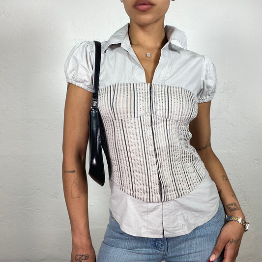 Vintage 2000's Office Girl Summer Light Beige Doll Cut Bottom Up Striped Shirt (S)