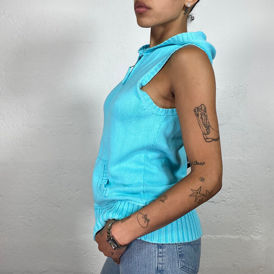 Vintage 2000's Downtown Girl Tiffany Colour Jersey Zip Up Sleeveless Hooded Pullover (S/M)