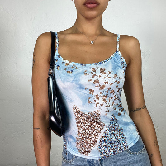 Vintage 2000's Soft Girl Baby Blue Tie Dye and Floral Print Cami Top (S)