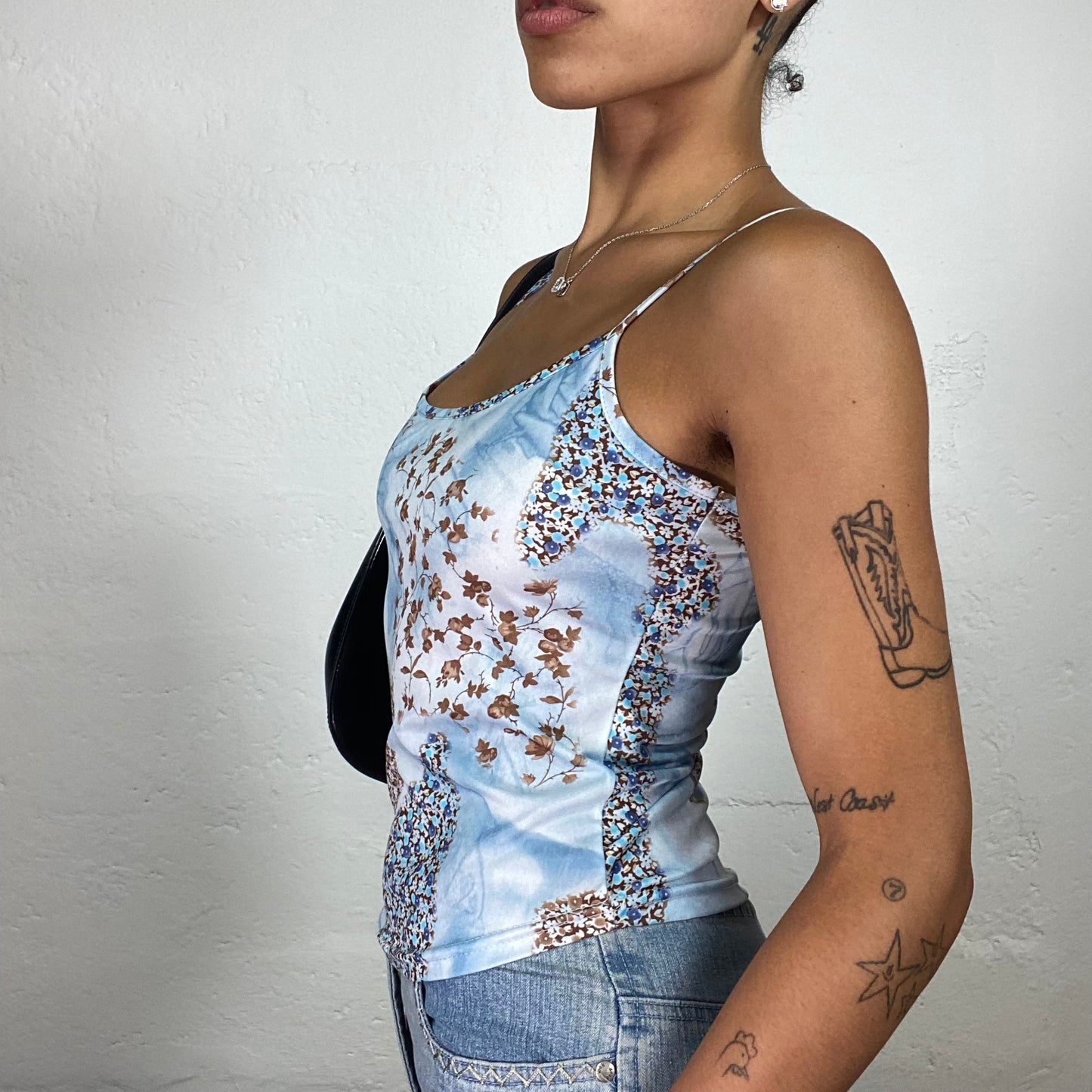 Vintage 2000's Soft Girl Baby Blue Tie Dye and Floral Print Cami Top (S)
