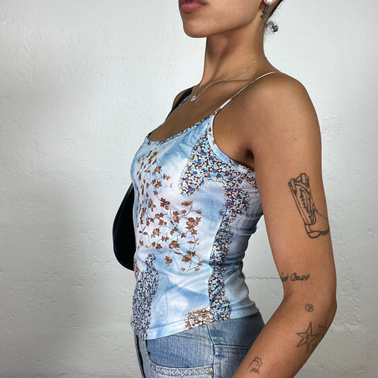 Vintage 2000's Soft Girl Baby Blue Tie Dye and Floral Print Cami Top (S)