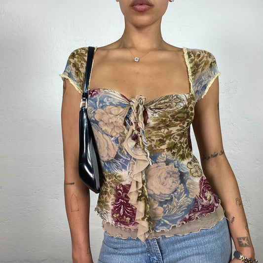 Vintage 2000's Baroque Beige Toned Coquette Cut Multicoloured Floral Print Top (S)