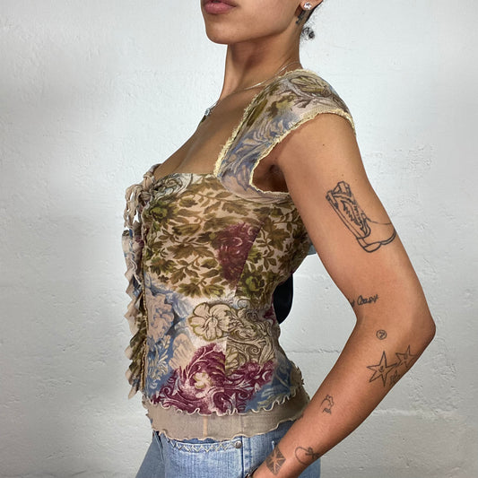 Vintage 2000's Baroque Beige Toned Coquette Cut Multicoloured Floral Print Top (S)