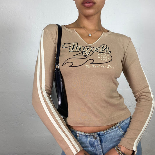 Vintage 2000's Skater Girl Beige Longsleeve Top with Angels Print (S)