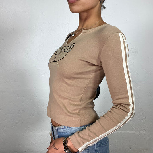 Vintage 2000's Skater Girl Beige Longsleeve Top with Angels Print (S)