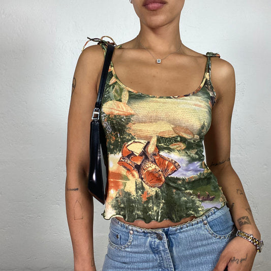 Vintage 2000's Forest Fairy Green Toned Painting Print Cami Top (S)