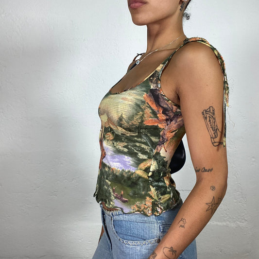 Vintage 2000's Forest Fairy Green Toned Painting Print Cami Top (S)