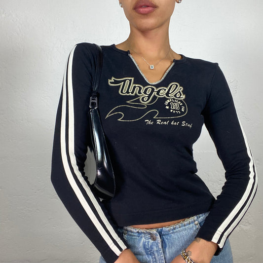 Vintage 2000's Skater Girl Black Longsleeve Top with Angels Beige Print (S/M)
