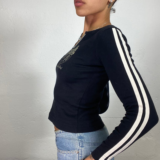 Vintage 2000's Skater Girl Black Longsleeve Top with Angels Beige Print (S/M)