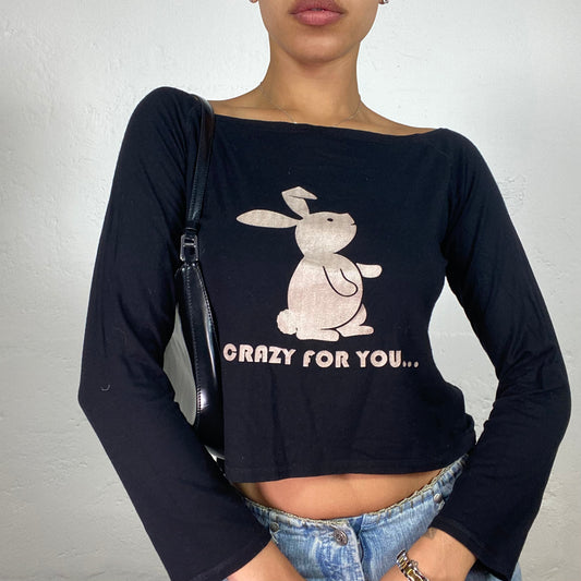 Vintage 2000's Cute Black Longsleeve Off Shoulder Brown Bunny Crazy For You Print Top (M)