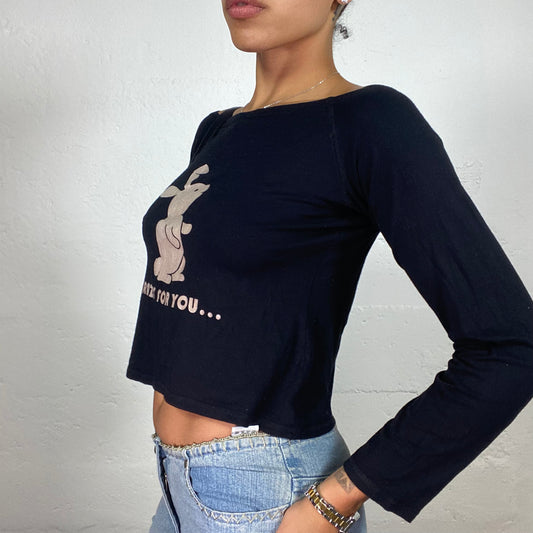 Vintage 2000's Cute Black Longsleeve Off Shoulder Brown Bunny Crazy For You Print Top (M)