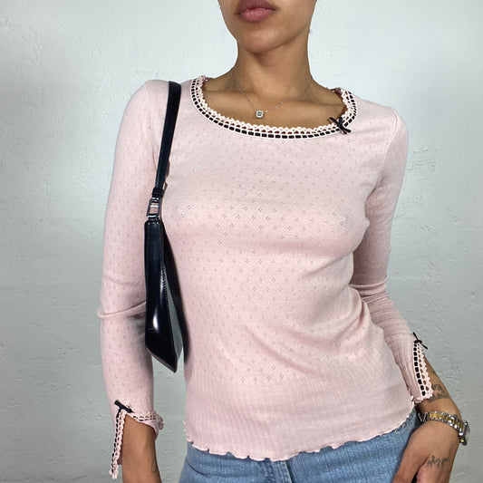 Vintage 2000's Coquette Powder Pink Longsleeve Jersey Top with Black Stitching Detail (S/M)