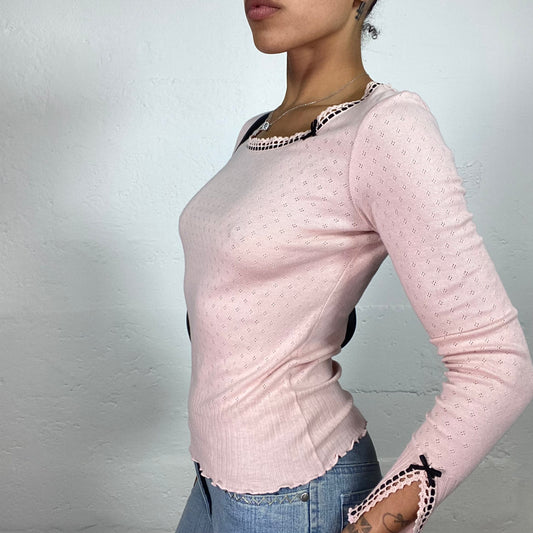 Vintage 2000's Coquette Powder Pink Longsleeve Jersey Top with Black Stitching Detail (S/M)