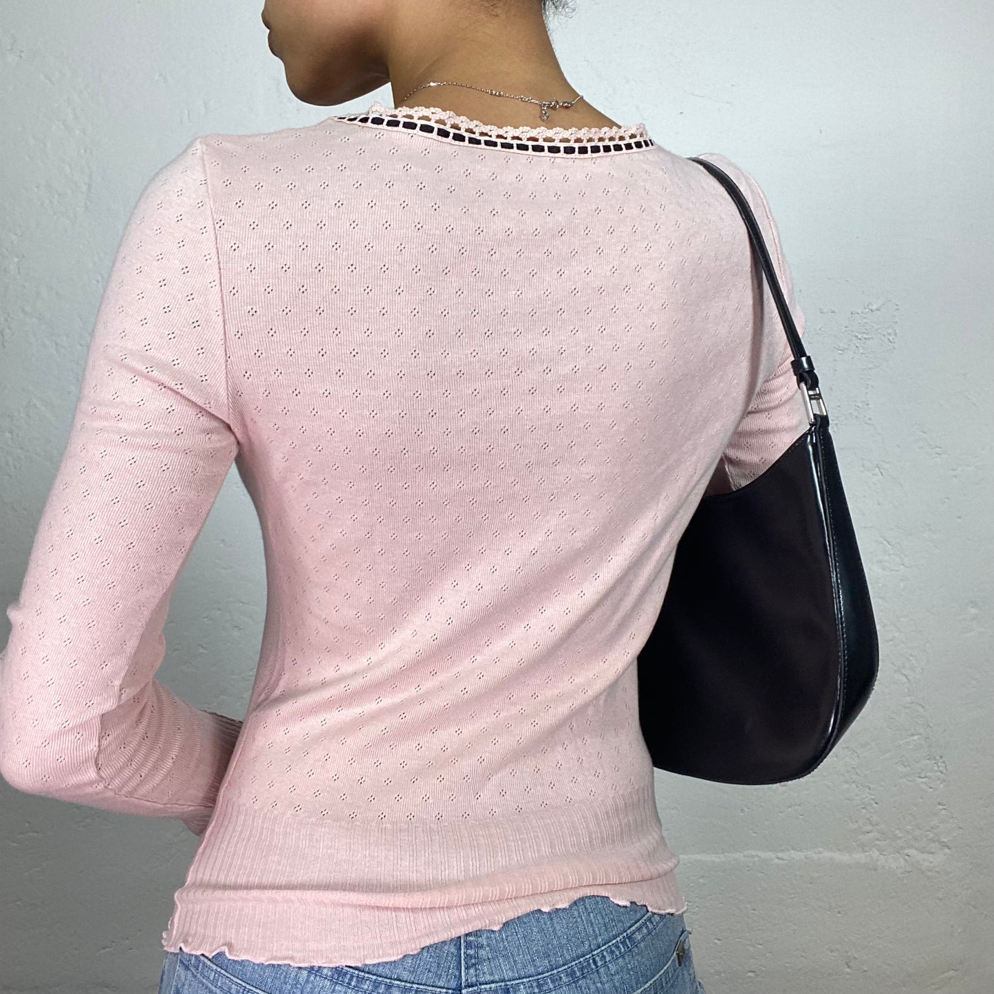Vintage 2000's Coquette Powder Pink Longsleeve Jersey Top with Black Stitching Detail (S/M)