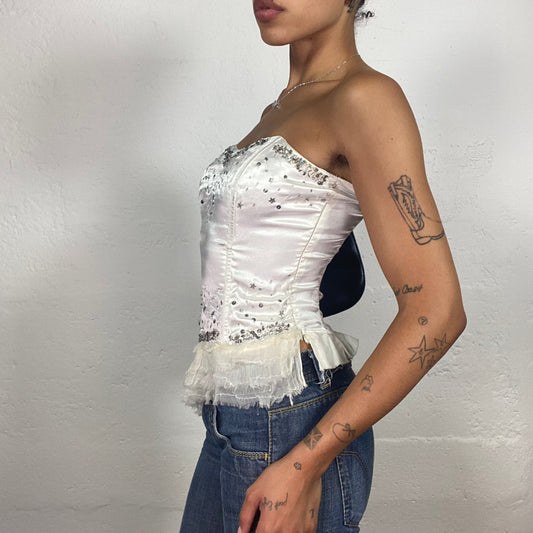 Vintage 2000's Bridal Style Ivory Silky Corset Top with Rhinestone Embroidery (S)