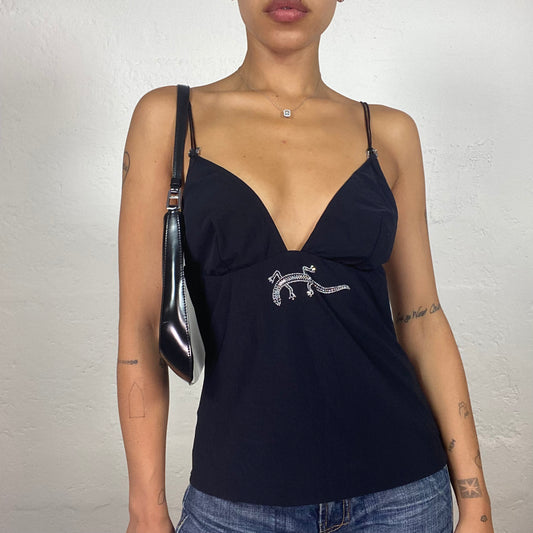 Vintage 2000's Clubwear Black Camisole Top with Shoulder Bindings and Rhinestone Lizard Embroidery (L)