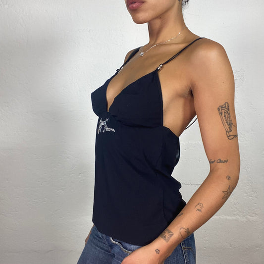 Vintage 2000's Clubwear Black Camisole Top with Shoulder Bindings and Rhinestone Lizard Embroidery (L)