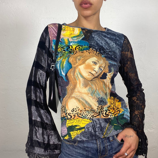 Vintage 2000's Downtown Girl Grey and Black Longsleeve Top with Yellow Toned Woman Painting Print (S)