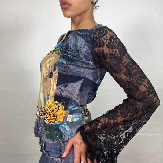Vintage 2000's Downtown Girl Grey and Black Longsleeve Top with Yellow Toned Woman Painting Print (S)
