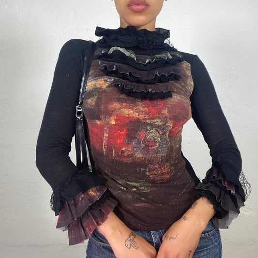 Vintage 2000's Vamp Girl Black Longsleeve Ruffled Neck Detail Red and Brown Print Top (S)
