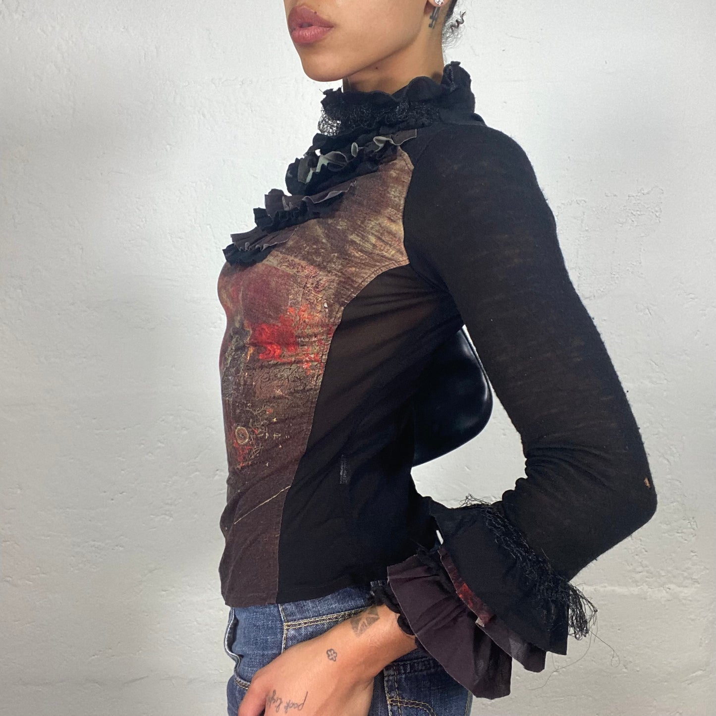 Vintage 2000's Vamp Girl Black Longsleeve Ruffled Neck Detail Red and Brown Print Top (S)